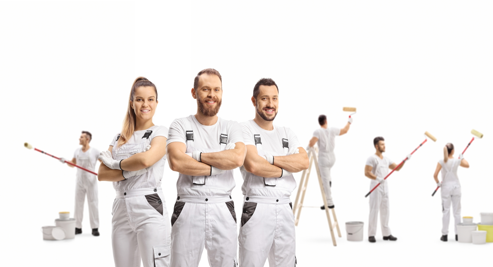 Team,Of,Professional,Painters,Decorating,A,Wall,Isolated,On,White